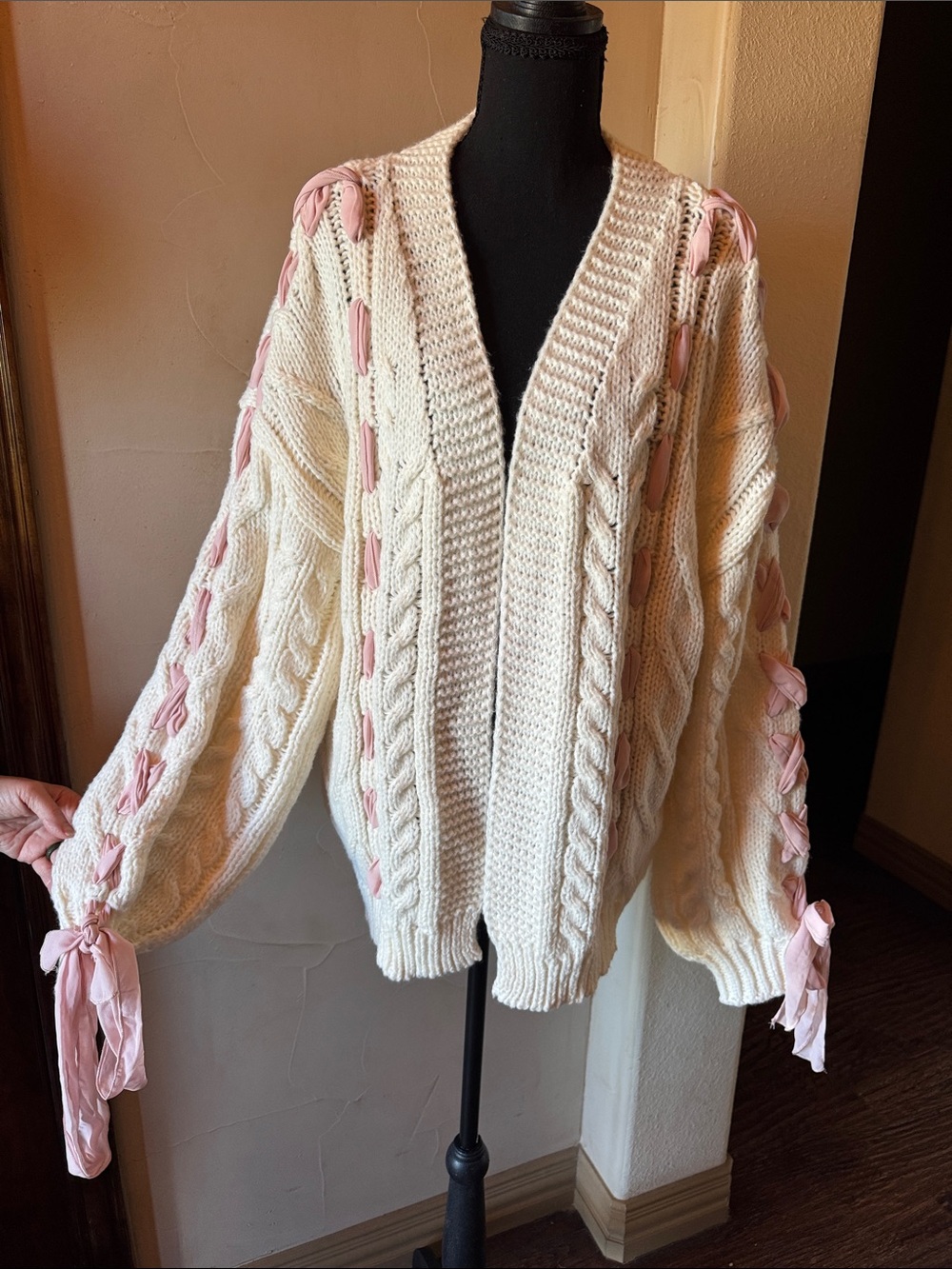 Altar'd State Cream Cable Knit Cardigan with Pink Ribbon Trim